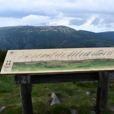 Panoramatický pohled překreslený na dřevěnou desku na místě dalekého vidění někde nad Vrbatovou boudou