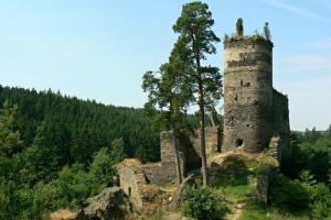 Na skalnaté ostrožně nad zalesněným údolím stojí romantická zřícenina hradu Gutštejna